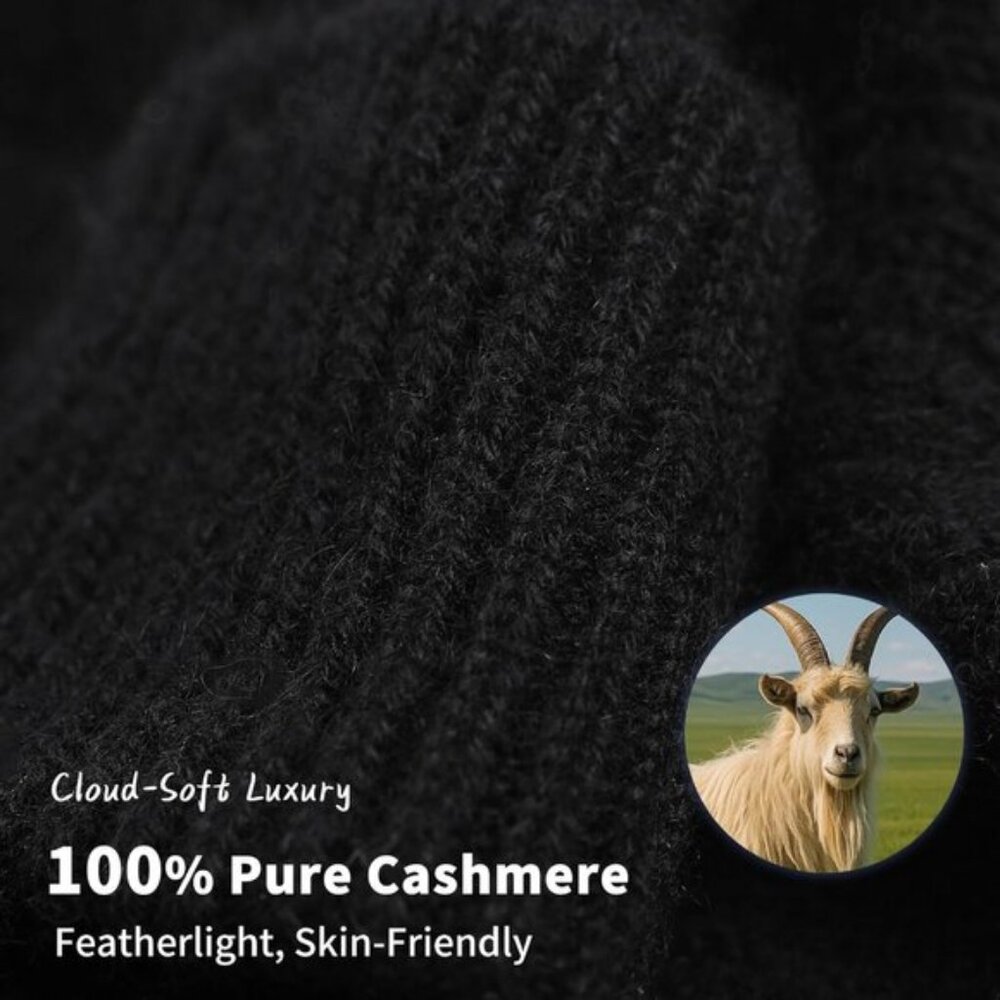 ⚡Women Black 100% Pure Mongolian Cashmere Knit Hat Ultra Soft Winter Beanie - Picture 2 of 9